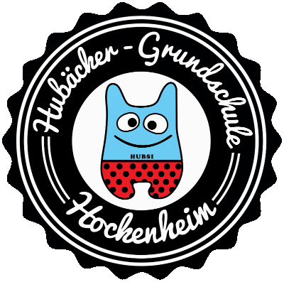 Kreisrundes Logo der Hubäcker-Grundschule Hockenheim mit gewelltem Rand und der Grafik des Hubsi in der Mitte